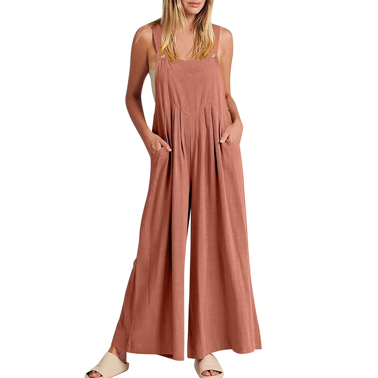 Mono ajustable con tirantes finos para mujer: pierna ancha, cintura elástica, mono informal de verano